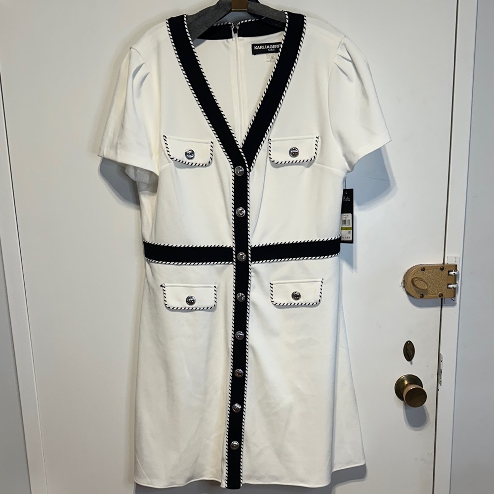 Karl Lagerfeld White/Black Trim Sz 14 Button Front Zipper New 148$ SmokePet Free